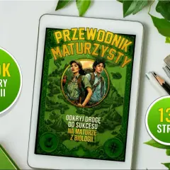 Tablet z okładką e-booka "Przewodnik Maturzysty" i zielonymi elementami graficznymi.