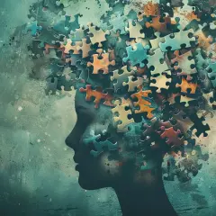 Profil kobiety z głową złożoną z elementów układanki w odcieniach zieleni i brązu.