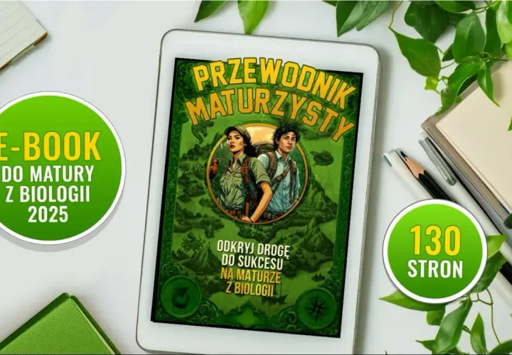 Tablet z okładką e-booka "Przewodnik Maturzysty" i zielonymi elementami graficznymi.