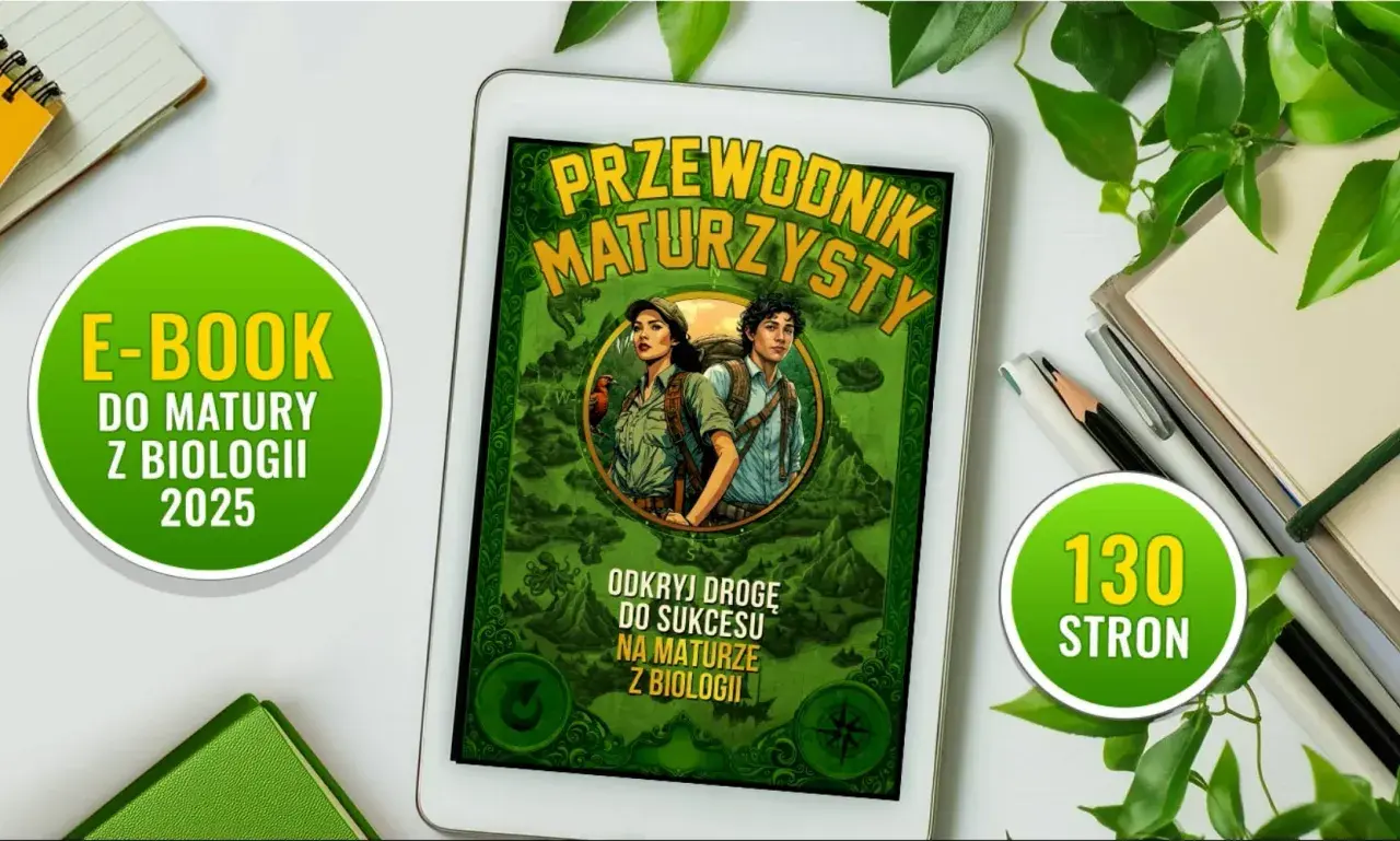 Tablet z okładką e-booka "Przewodnik Maturzysty" i zielonymi elementami graficznymi.